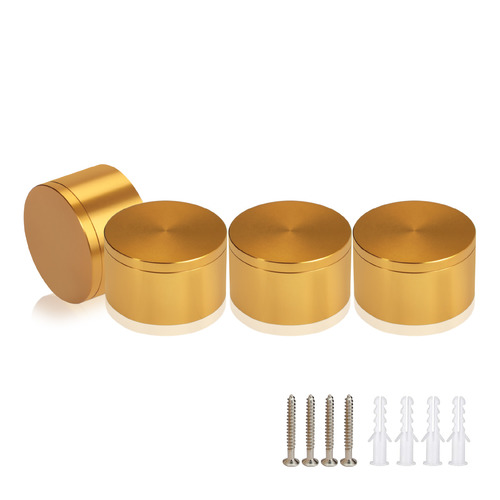 (Set of 4) 2'' Diameter X 1'' Barrel Length, Affordable Aluminum Standoffs, Gold Anodized Finish Standoff and (4) 2216Z Screws and (4) LANC1 Anchors for concrete/drywall (For Inside/Outside) [Required Material Hole Size: 7/16'']