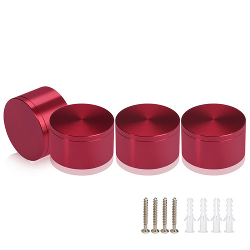 (Set of 4) 2'' Diameter X 1'' Barrel Length, Affordable Aluminum Standoffs, Cherry Red Anodized Finish Standoff and (4) 2216Z Screws and (4) LANC1 Anchors for concrete/drywall (For Inside/Outside) [Required Material Hole Size: 7/16'']