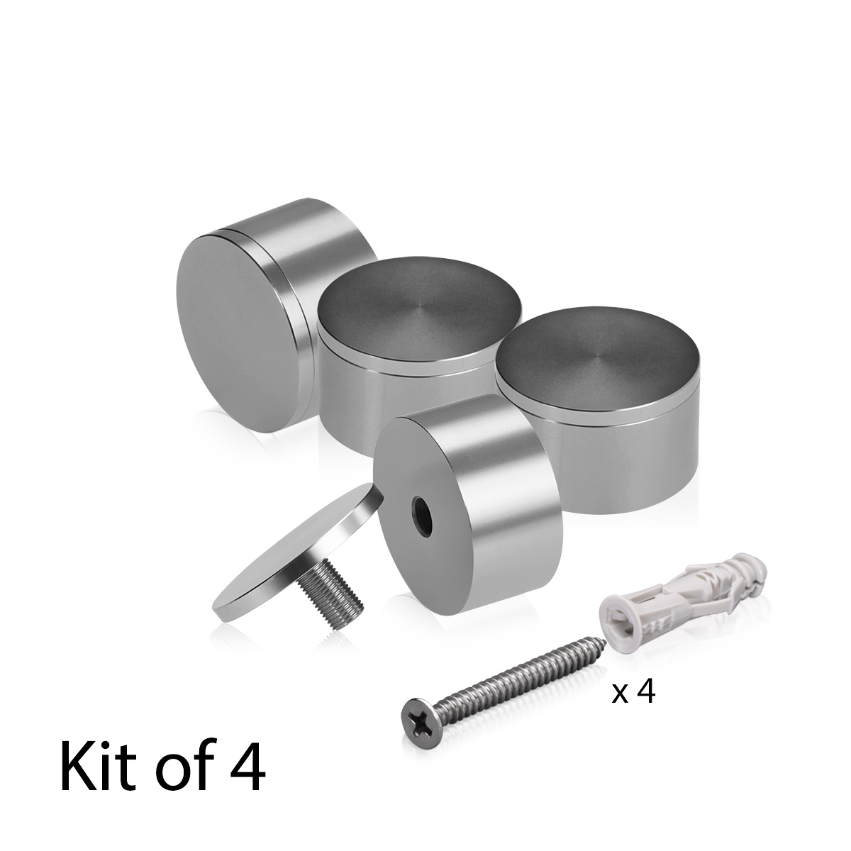 (Set of 4) 2'' Diameter X 1'' Barrel Length, Affordable Aluminum Standoffs, Steel Grey Anodized Finish Standoff and (4) 2216Z Screws and (4) LANC1 Anchors for concrete/drywall (For Inside/Outside) [Required Material Hole Size: 7/16'']