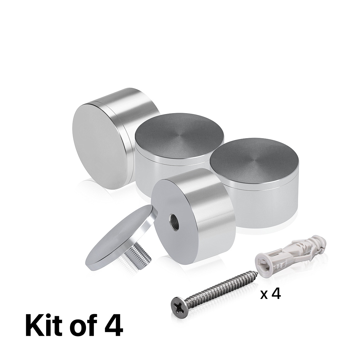 (Set of 4) 2'' Diameter X 1'' Barrel Length, Affordable Aluminum Standoffs, Silver Anodized Finish Standoff and (4) 2216Z Screws and (4) LANC1 Anchors for concrete/drywall (For Inside/Outside) [Required Material Hole Size: 7/16'']