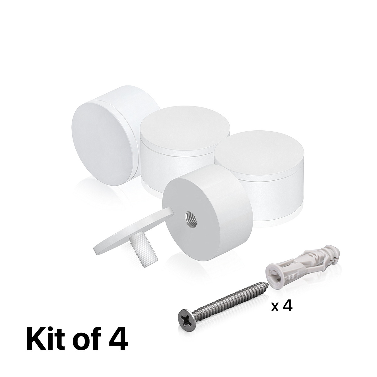 (Set of 4) 2'' Diameter X 1'' Barrel Length, Affordable Aluminum Standoffs, White Coated Finish Standoff and (4) 2216Z Screws and (4) LANC1 Anchors for concrete/drywall (For Inside/Outside) [Required Material Hole Size: 7/16'']