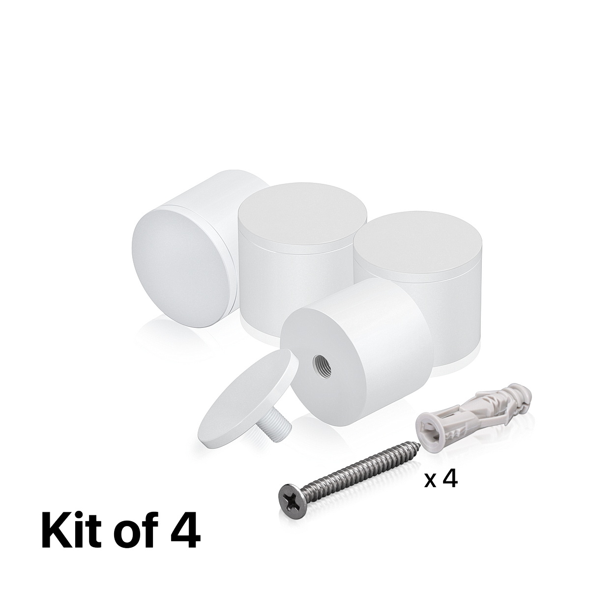 (Set of 4) 2'' Diameter X 1-1/2'' Barrel Length, Affordable Aluminum Standoffs, White Coated Finish Standoff and (4) 2216Z Screws and (4) LANC1 Anchors for concrete/drywall (For Inside/Outside) [Required Material Hole Size: 7/16'']
