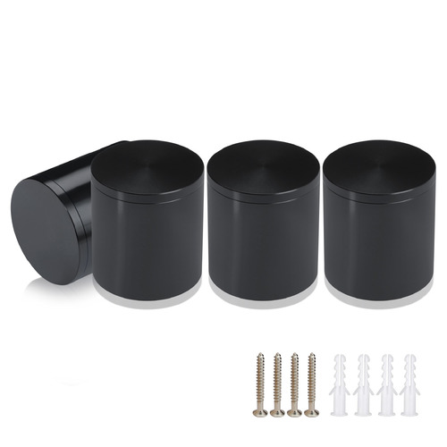 (Set of 4) 2'' Diameter X 2'' Barrel Length, Affordable Aluminum Standoffs, Black Anodized Finish Standoff and (4) 2216Z Screws and (4) LANC1 Anchors for concrete/drywall (For Inside/Outside) [Required Material Hole Size: 7/16'']