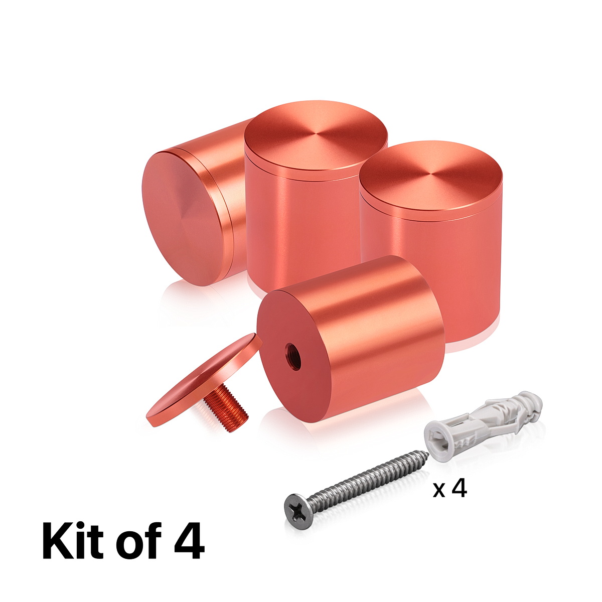 (Set of 4) 2'' Diameter X 2'' Barrel Length, Affordable Aluminum Standoffs, Copper Anodized Finish Standoff and (4) 2216Z Screws and (4) LANC1 Anchors for concrete/drywall (For Inside/Outside) [Required Material Hole Size: 7/16'']
