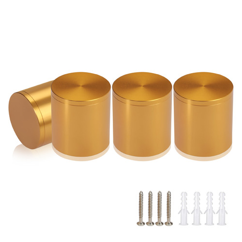 (Set of 4) 2'' Diameter X 2'' Barrel Length, Affordable Aluminum Standoffs, Gold Anodized Finish Standoff and (4) 2216Z Screws and (4) LANC1 Anchors for concrete/drywall (For Inside/Outside) [Required Material Hole Size: 7/16'']