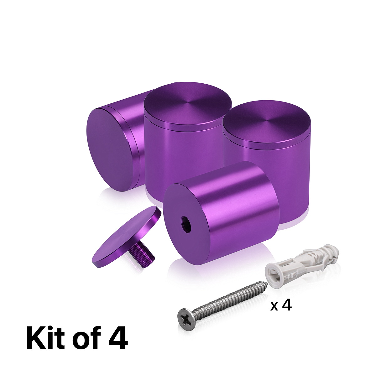 (Set of 4) 2'' Diameter X 2'' Barrel Length, Affordable Aluminum Standoffs, Purple Anodized Finish Standoff and (4) 2216Z Screws and (4) LANC1 Anchors for concrete/drywall (For Inside/Outside) [Required Material Hole Size: 7/16'']