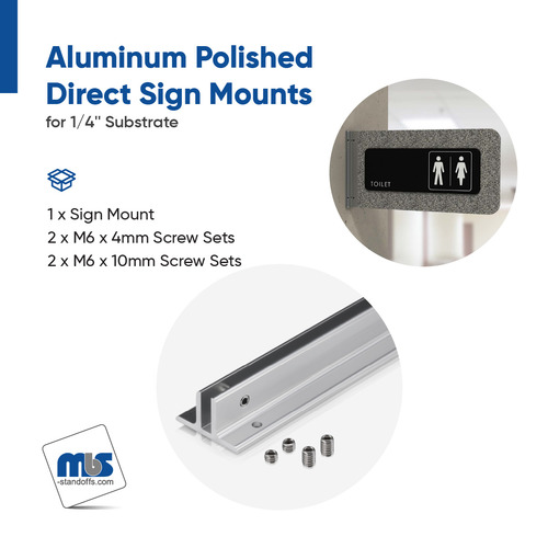 6'' Length Aluminum Polished Direct Sign Mounts for 1/4'' Substrate