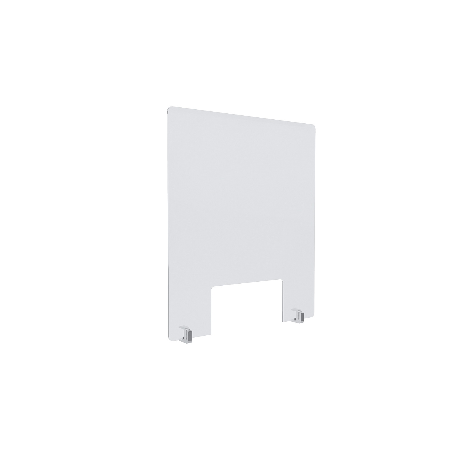 Clear Acrylic Sneeze Guard 20'' Wide x 23-1/2'' Tall (10'' x 5'' Cut Out), with (2) Clear Anodized Aluminum Front Gripping Counter Clamps (Clamp Material Accepted  1'' to 1-1/8'')