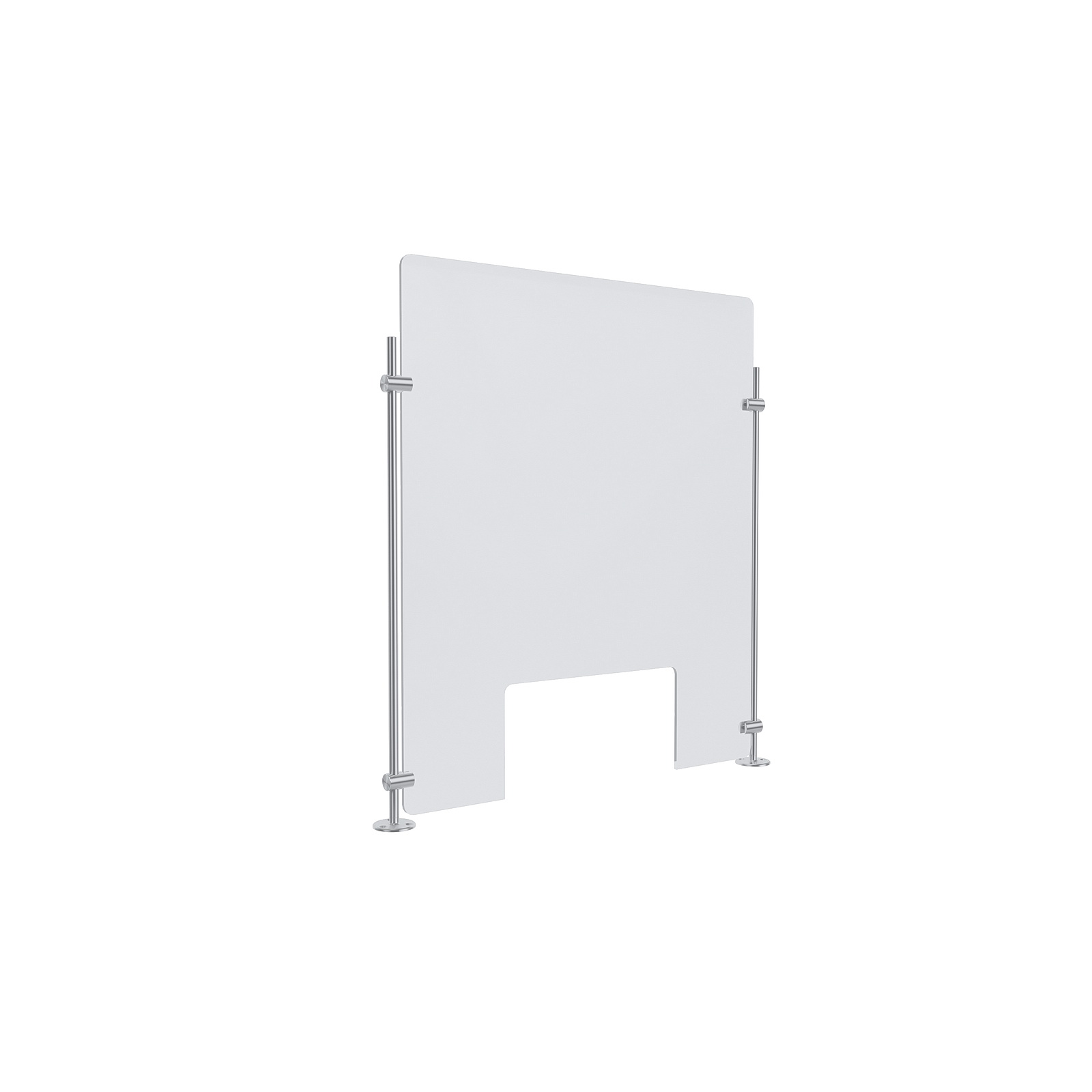 Clear Acrylic Sneeze Guard 20'' Wide x 23-1/2'' Tall (10'' x 5'' Cut Out), with (2) 20'' Tall x 3/8'' Diameter Clear Anodized Aluminum Rod on the Side.