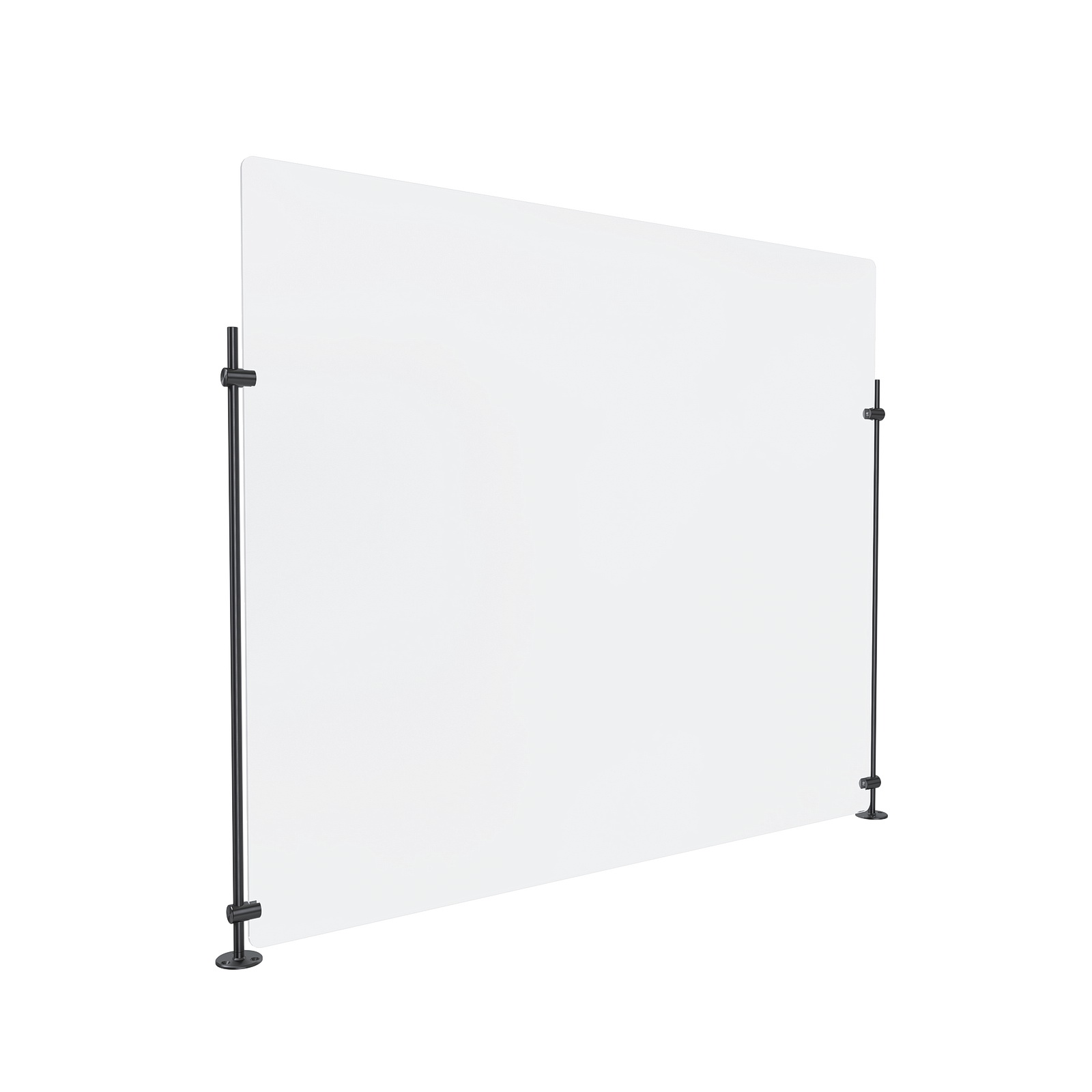 Clear Acrylic Sneeze Guard 36'' Wide x 30'' Tall, with (2) 24'' Tall x 3/8'' Diameter Black Anodized Aluminum Rods on the Side.