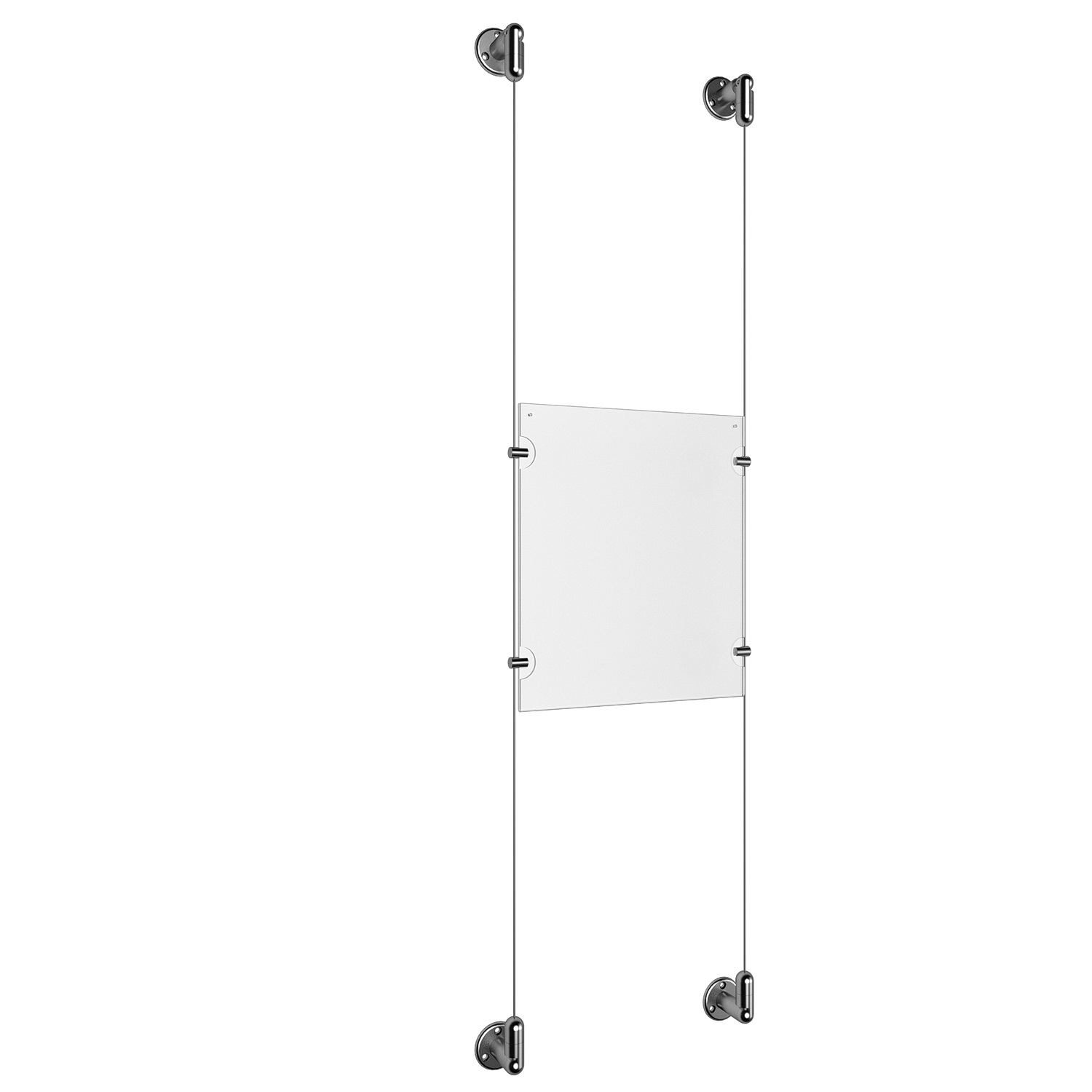 (1) 8-1/2'' Width x 11'' Height Clear Acrylic Frame & (2) Aluminum Clear Anodized Adjustable Angle Cable Systems with (4) Single-Sided Panel Grippers