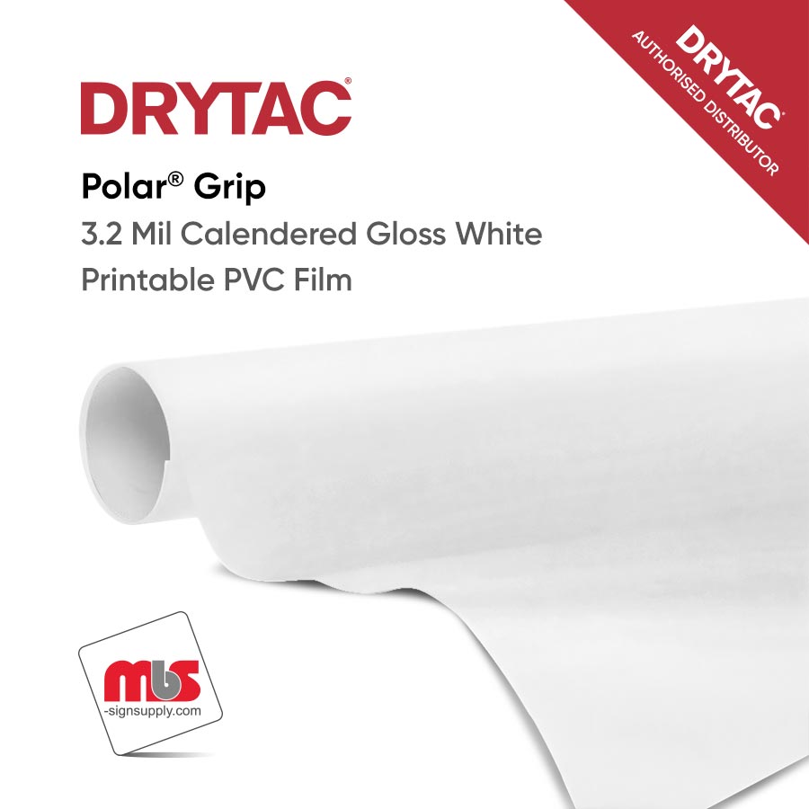 54'' x 50 Yard Roll - Drytac Polar® Grip 3.2 Mil Calendered Gloss White Printable PVC Film w/ Grey Permanent Adhesive