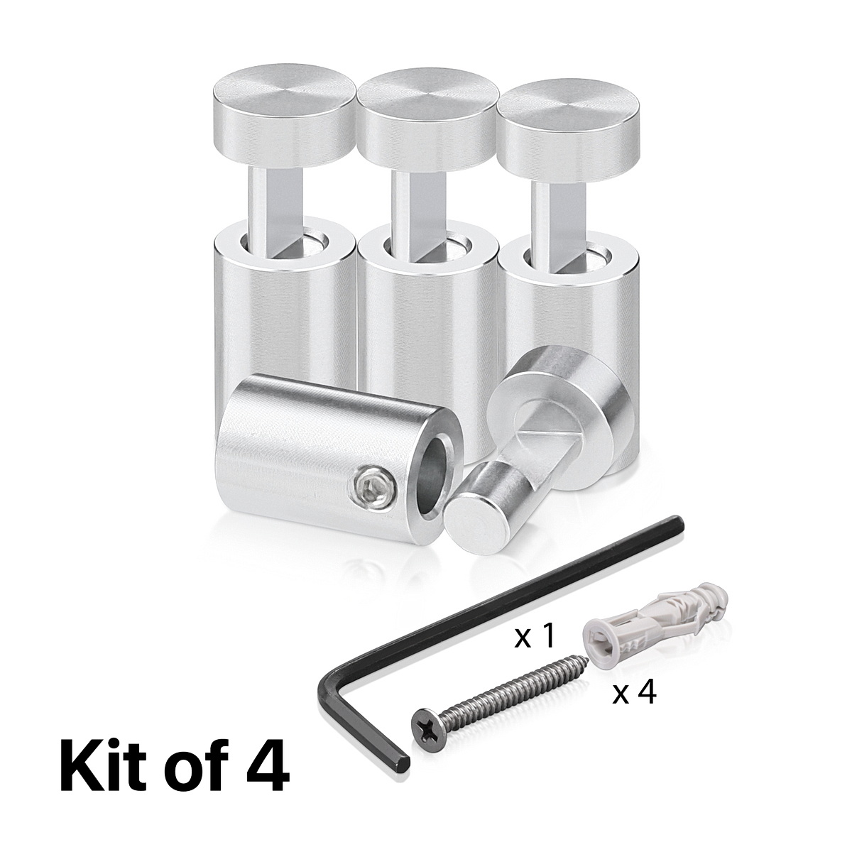 (Set of 4) 1/2'' Diameter X 3/4'' Barrel Length, Aluminum Clear Shiny Anodized Finish. Adjustable Edge Grip Standoff with (4) 2208Z Screw and (4) LANC1 Anchor  for concrete/drywall (For Inside Use Only)