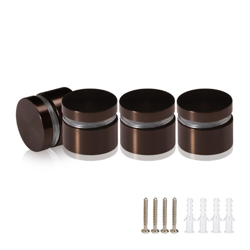 (Set of 4) 1'' Diameter X 1/2'' Barrel Length, Aluminum Flat Head, Bronze Anodized Finish Standoff with (4) 2216Z Screws and (4) LANC1 Anchors for concrete or drywall (For Inside / Outside use) Secure Standoff [Required Material Hole Size: 7/16'']