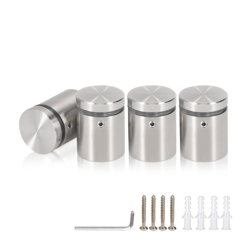 (Set of 4) 1'' Diameter X 1'' Barrel Length, (304) Stainless Steel Brushed Finish. Standoff with (4) 2216Z Screws and (4) LANC1 Anchors for concrete or drywall (For Inside / Outside use) Secure Standoff [Required Material Hole Size: 7/16'']