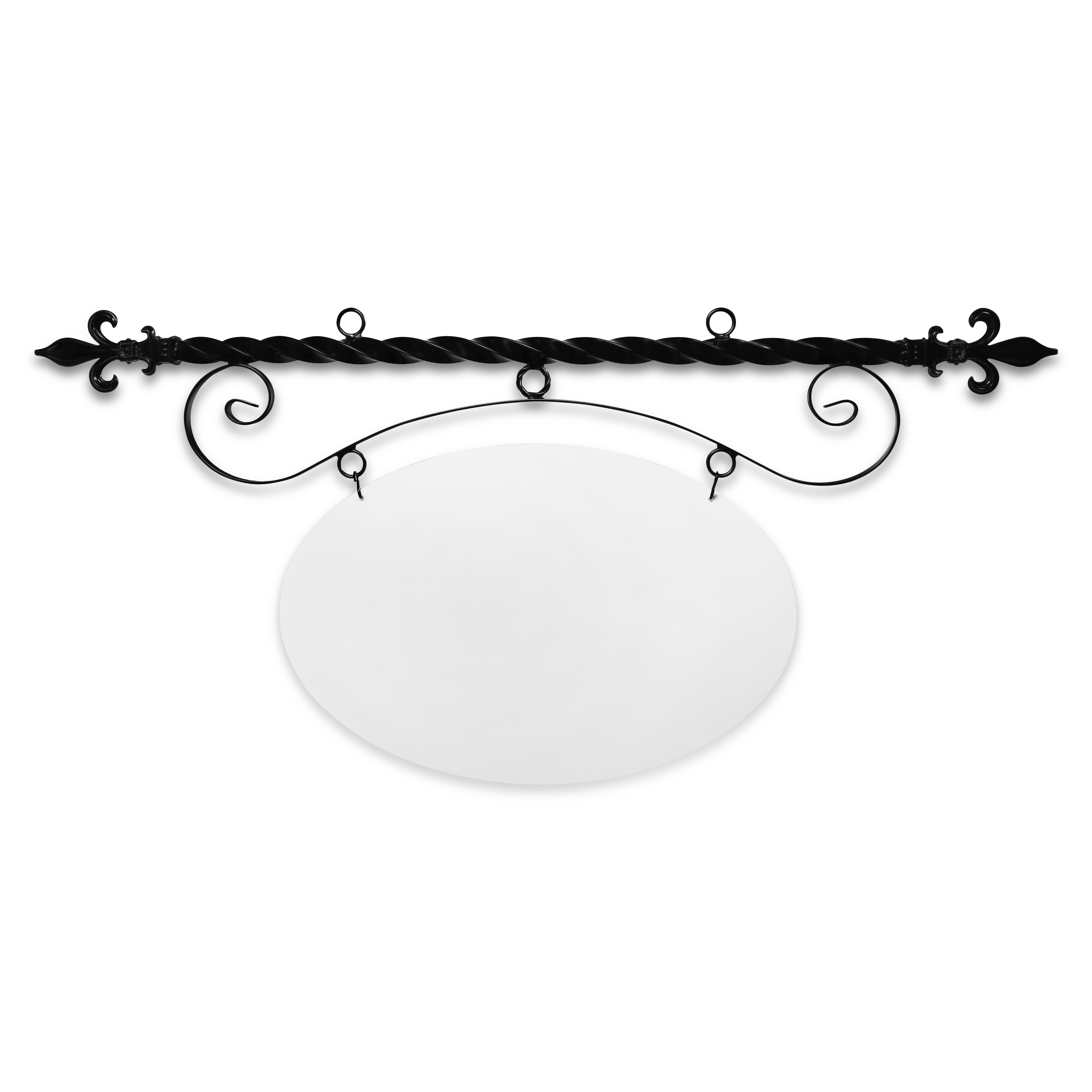 43'' Wide Ceiling Mount Bracket in  Black Powder Coated Steel with 22'' Tall X 33'' Wide X .080'' Thick White Aluminum Sign Blank and 2 Black Powder Coated S-Hooks (Fleur De Lis Finial)