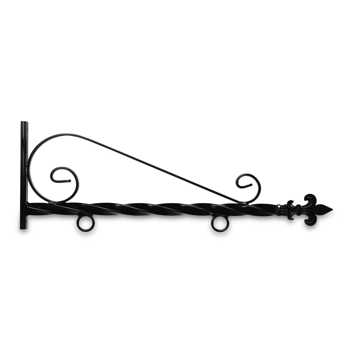 24'' Black Horizontal Curved Mount Deluxe Bi Spiral Steel Sign Bracket with Fleur De Lis Finial