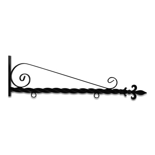 36'' Black Horizontal Curved Mount Deluxe Bi Spiral Steel Sign Bracket with Fleur De Lis Finial