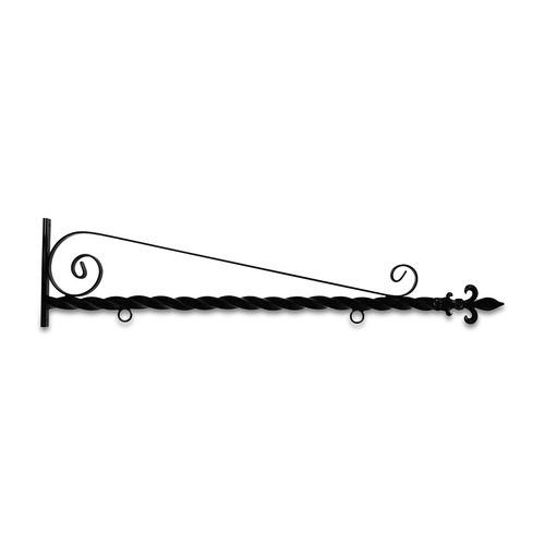 48'' Black Horizontal Curved Mount Deluxe Bi Spiral Steel Sign Bracket with Fleur De Lis Finial
