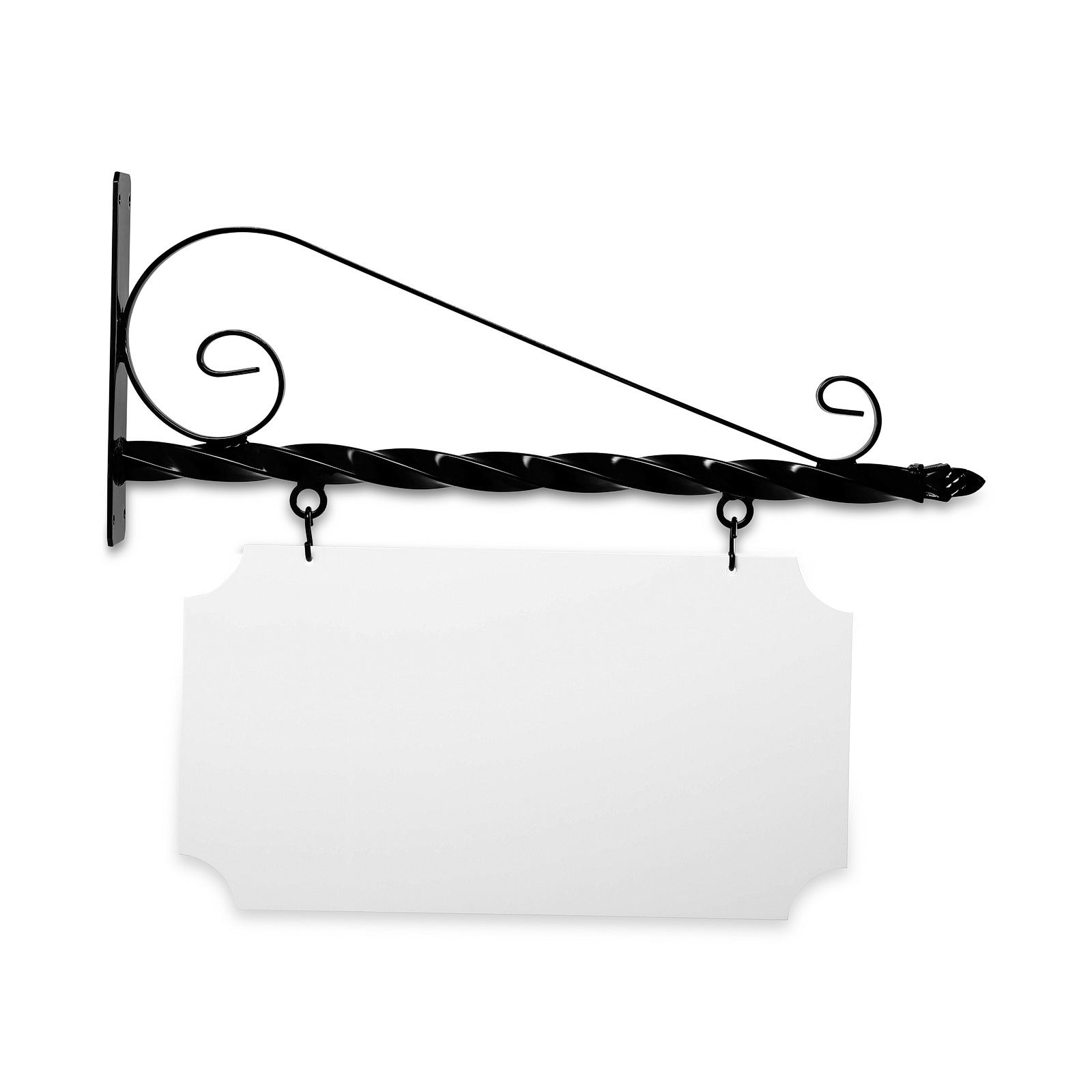 24'' Wide Deluxe Bracket in  Black Powder Coated Steel with 12'' Tall X 22'' Wide X .063'' Thick White Aluminum Sign Blank and 2 Black Powder Coated S-Hooks (Pineapple Finial)