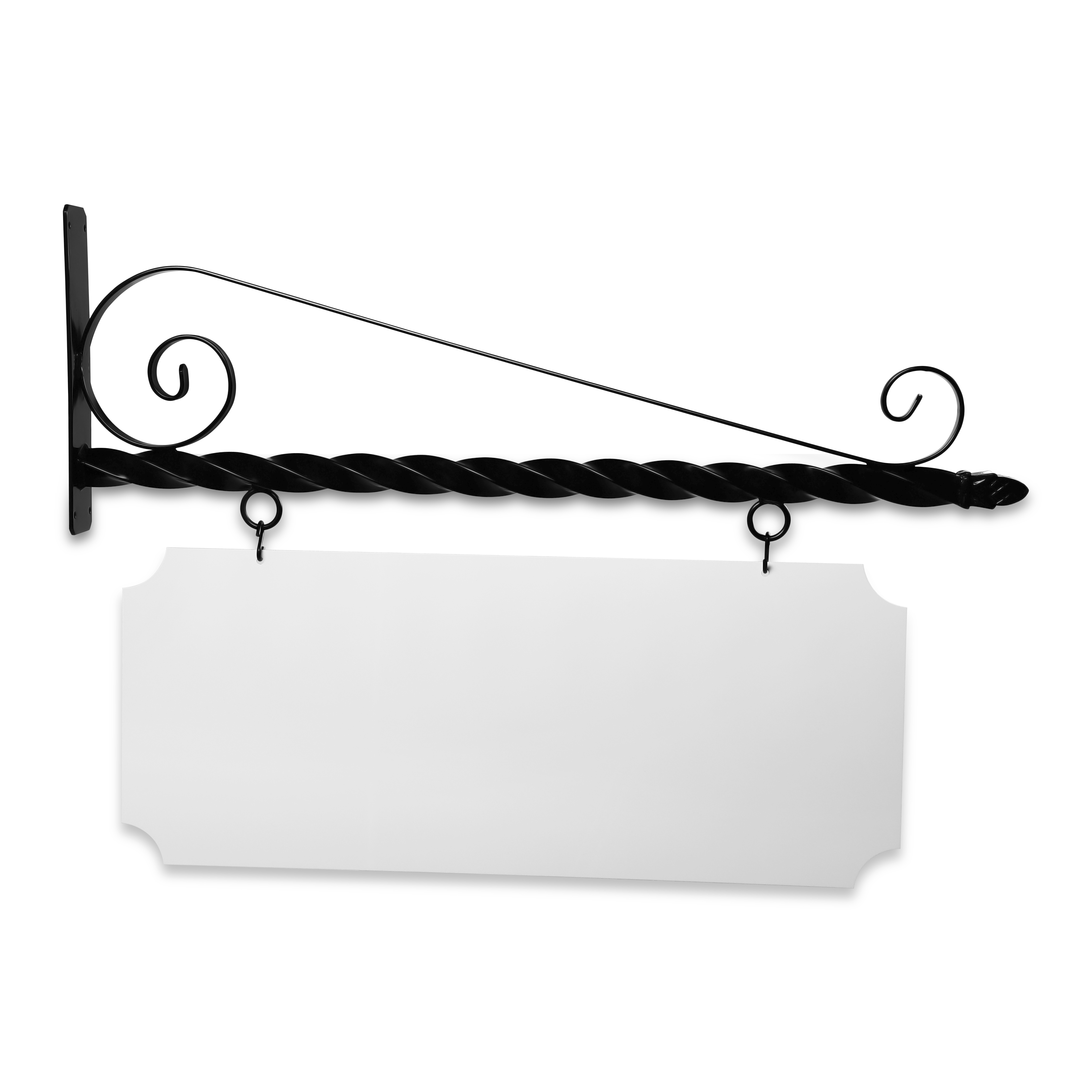 36'' Wide Deluxe Bracket in  Black Powder Coated Steel with 14'' Tall X 34'' Wide X .080'' Thick White Aluminum Sign Blank and 2 Black Powder Coated S-Hooks (Pineapple Finial)