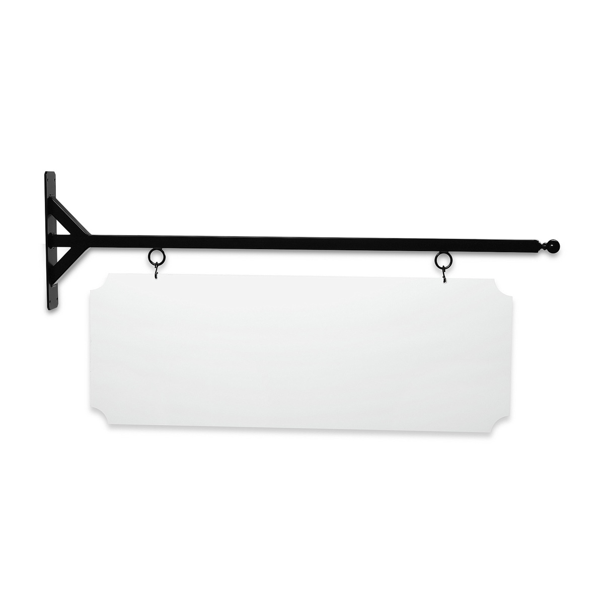 48'' Wide Deluxe Bracket in  Black Powder Coated Steel with 16'' Tall X 44'' Wide X .080'' Thick White Aluminum Sign Blank and 2 Black Powder Coated S-Hooks (Pineapple Finial)