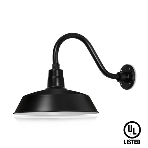 (1) 14'' Diameter Satin Black Warehouse / Barn Shade with (1) 14-1/2'' Long x 8'' High Satin Black Gooseneck Arm