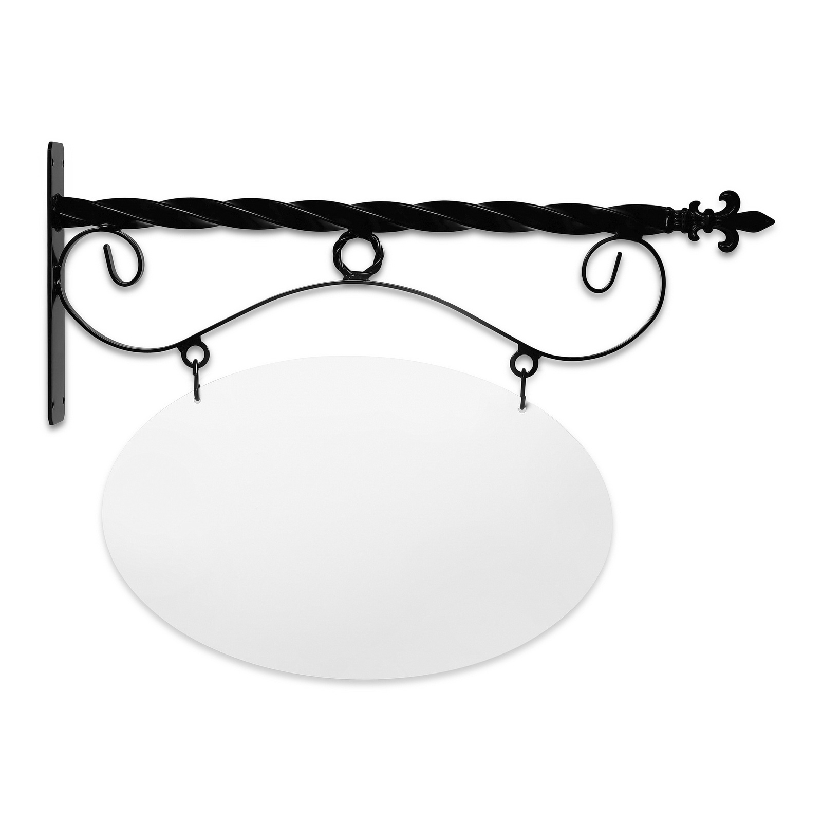 24'' Wide Reverse Scroll Bracket in  Black Powder Coated Steel with 14'' Tall X 22'' Wide X .080'' Thick White Aluminum Sign Blank and 2 Black Powder Coated S-Hooks (Fleur De Lis Finial)