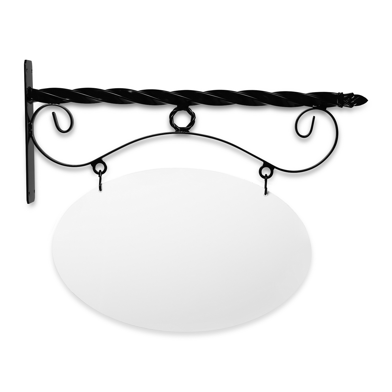 24'' Wide Reverse Scroll Bracket in  Black Powder Coated Steel with 14'' Tall X 22'' Wide X .080'' Thick White Aluminum Sign Blank and 2 Black Powder Coated S-Hooks (Pineapple Finial)