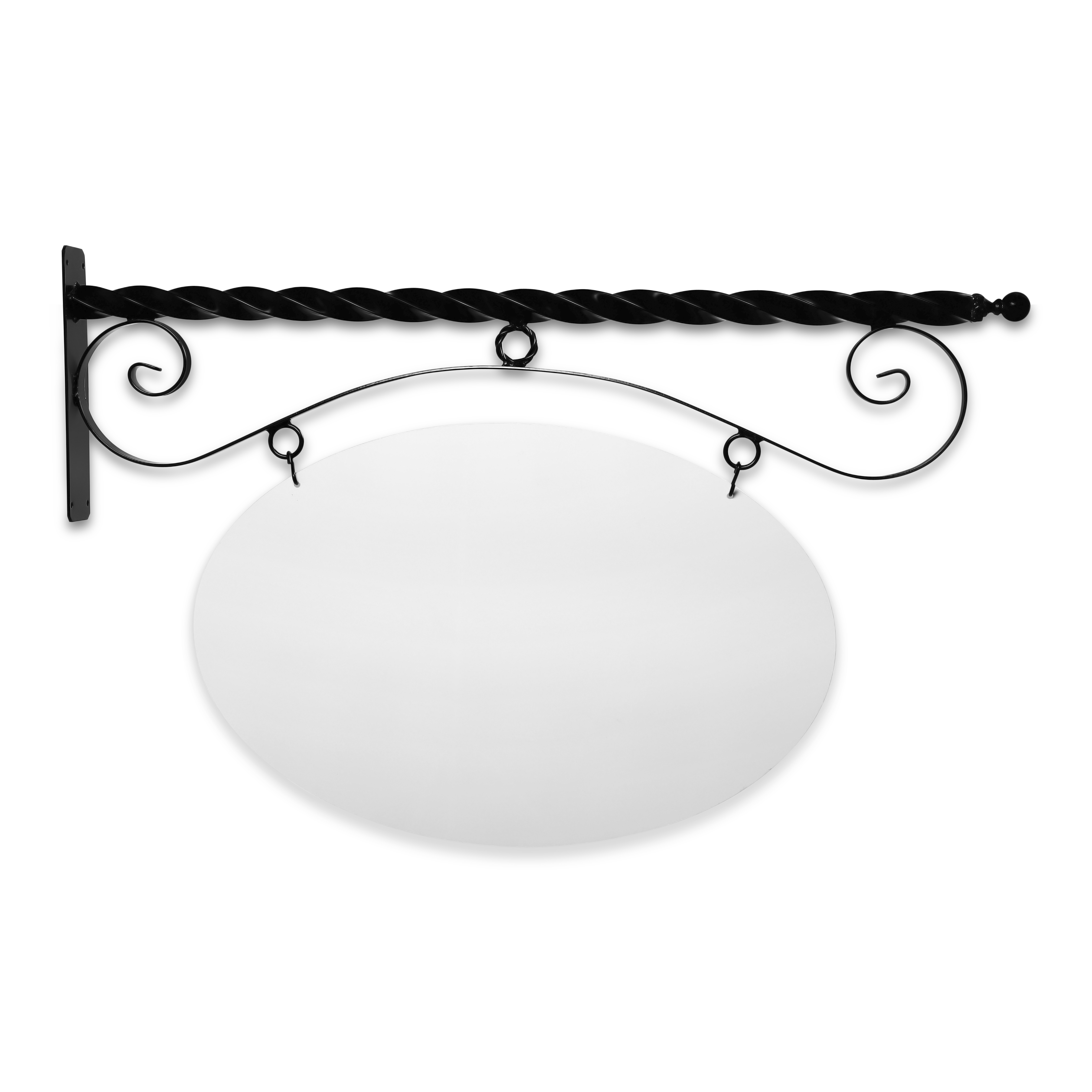 43'' Wide Reverse Scroll Bracket in  Black Powder Coated Steel with 22'' Tall X 33'' Wide X .080'' Thick White Aluminum Sign Blank and 2 Black Powder Coated S-Hooks (Ball Finial)