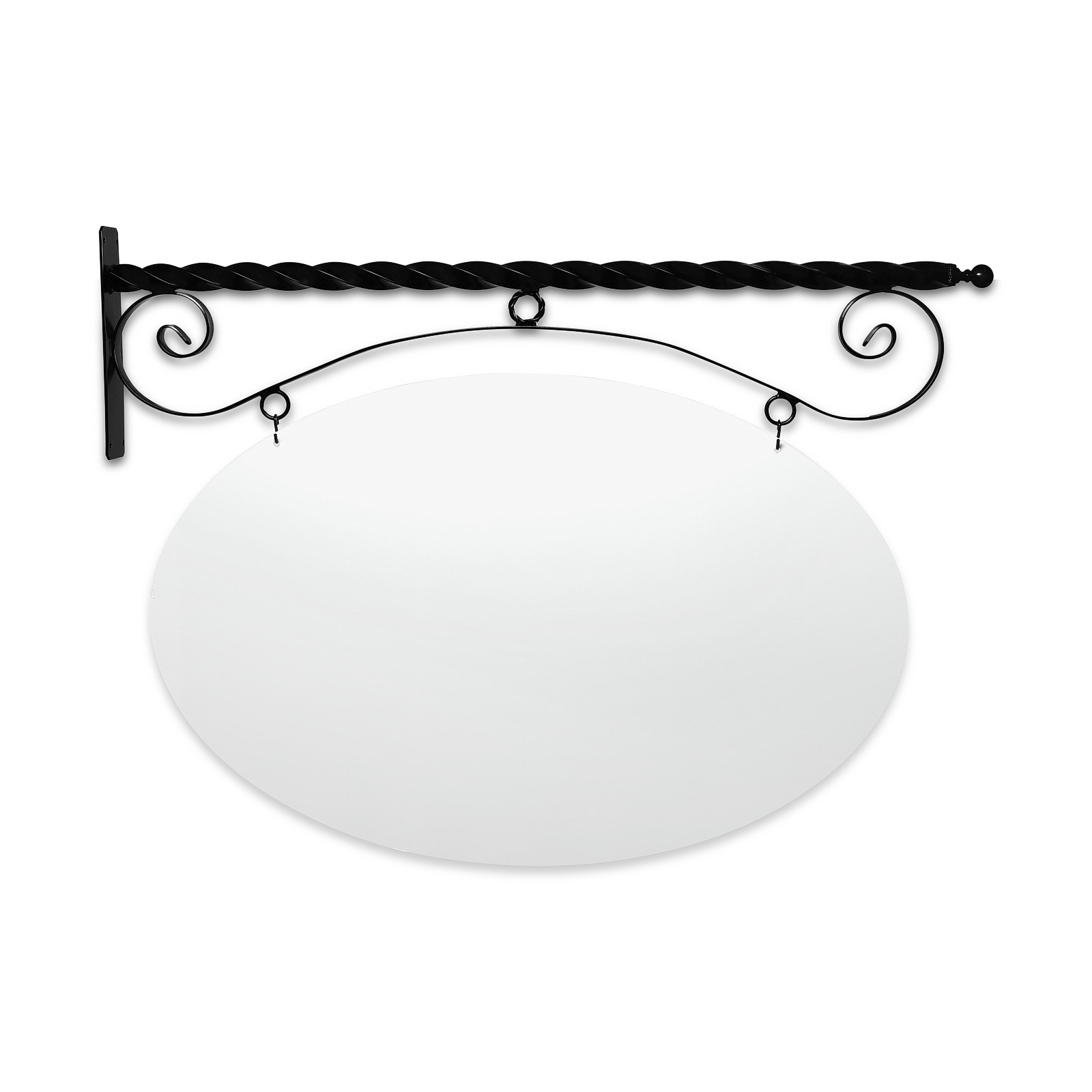 48'' Wide Reverse Scroll Bracket in  Black Powder Coated Steel with 30'' Tall X 46'' Wide X .080'' Thick White Aluminum Sign Blank and 2 Black Powder Coated S-Hooks (Ball Finial)