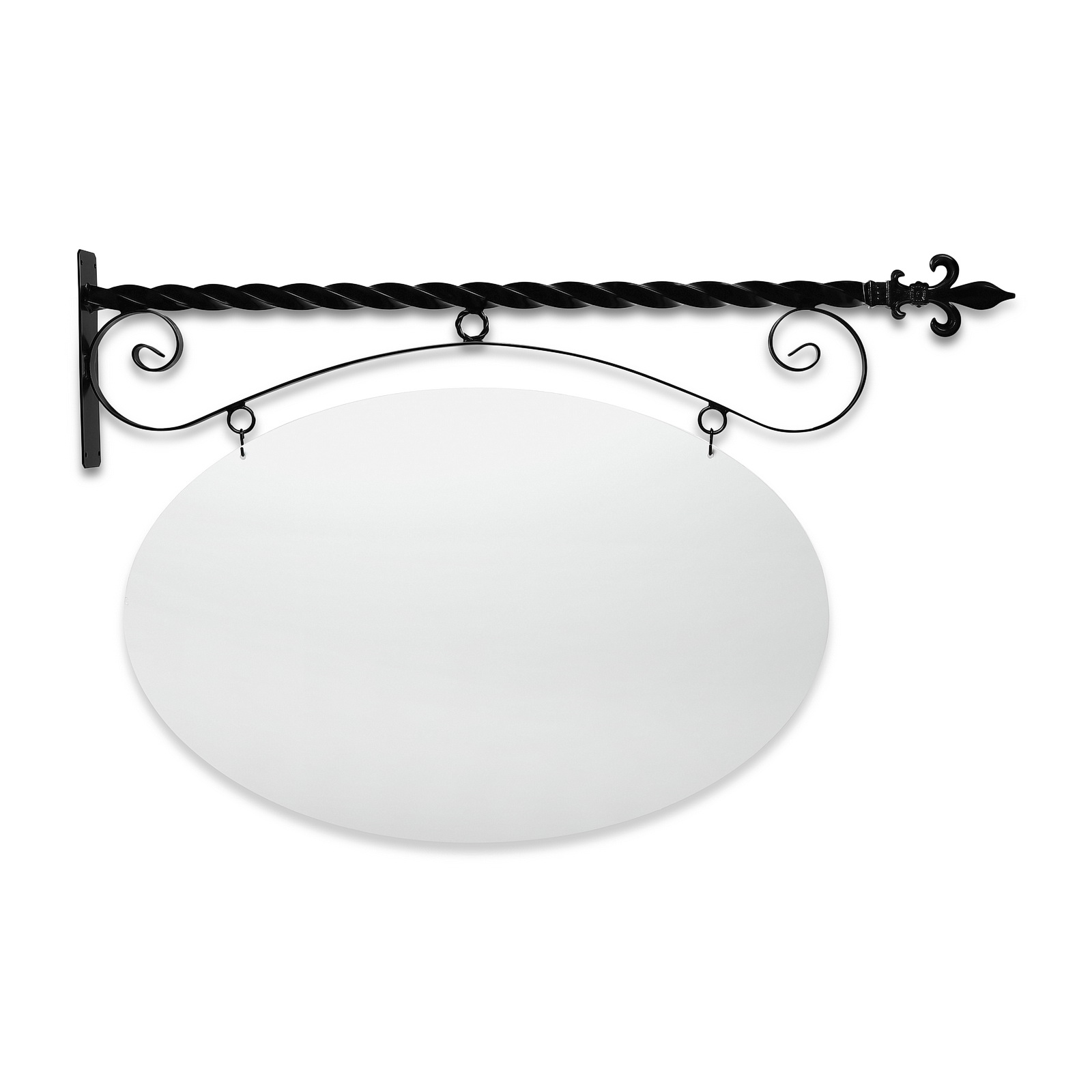 48'' Wide Reverse Scroll Bracket in  Black Powder Coated Steel with 30'' Tall X 46'' Wide X .080'' Thick White Aluminum Sign Blank and 2 Black Powder Coated S-Hooks (Fleur De Lis Finial)