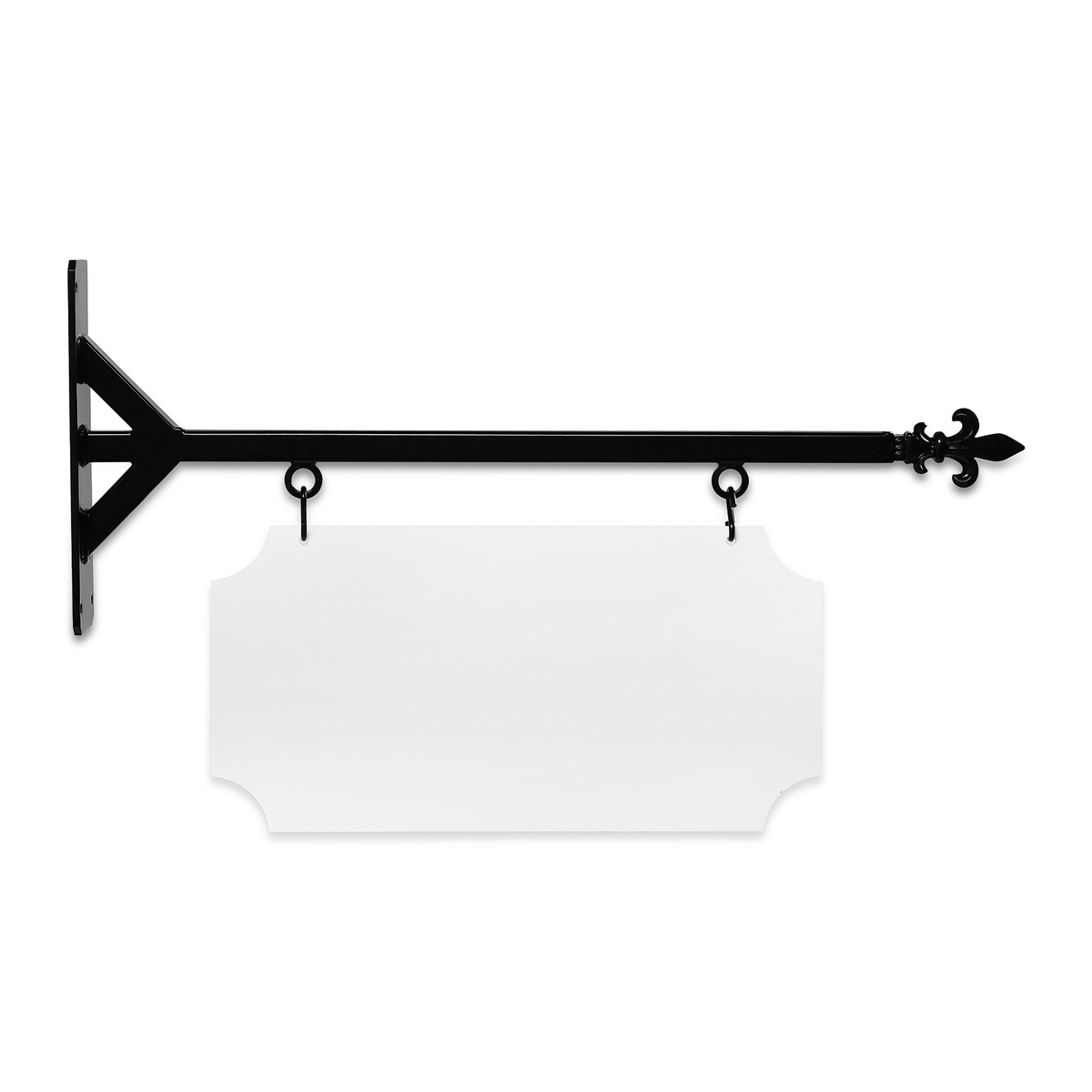 24'' Wide Straight Shaft Bracket in Black Powder Coated Steel with 10''  Tall X 20'' Wide X .063'' Thick White Aluminum Sign Blank and 2 Black  Powder Coated S-Hooks (Ball Finial)
