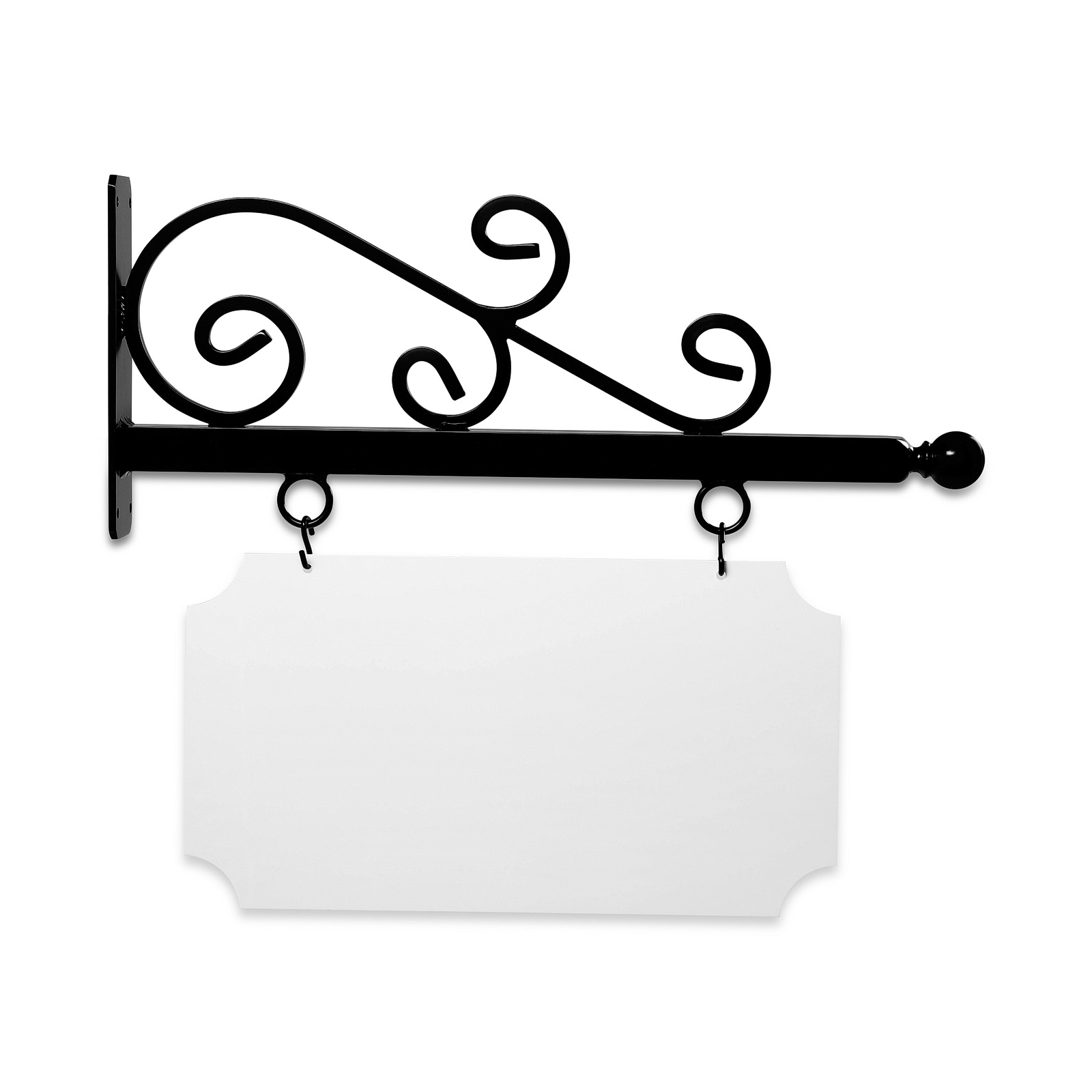 24'' Wide Wispy Style Bracket in  Black Powder Coated Aluminum with 12'' Tall X 22'' Wide X .063'' Thick White Aluminum Sign Blank and 2 Black Powder Coated S-Hooks
