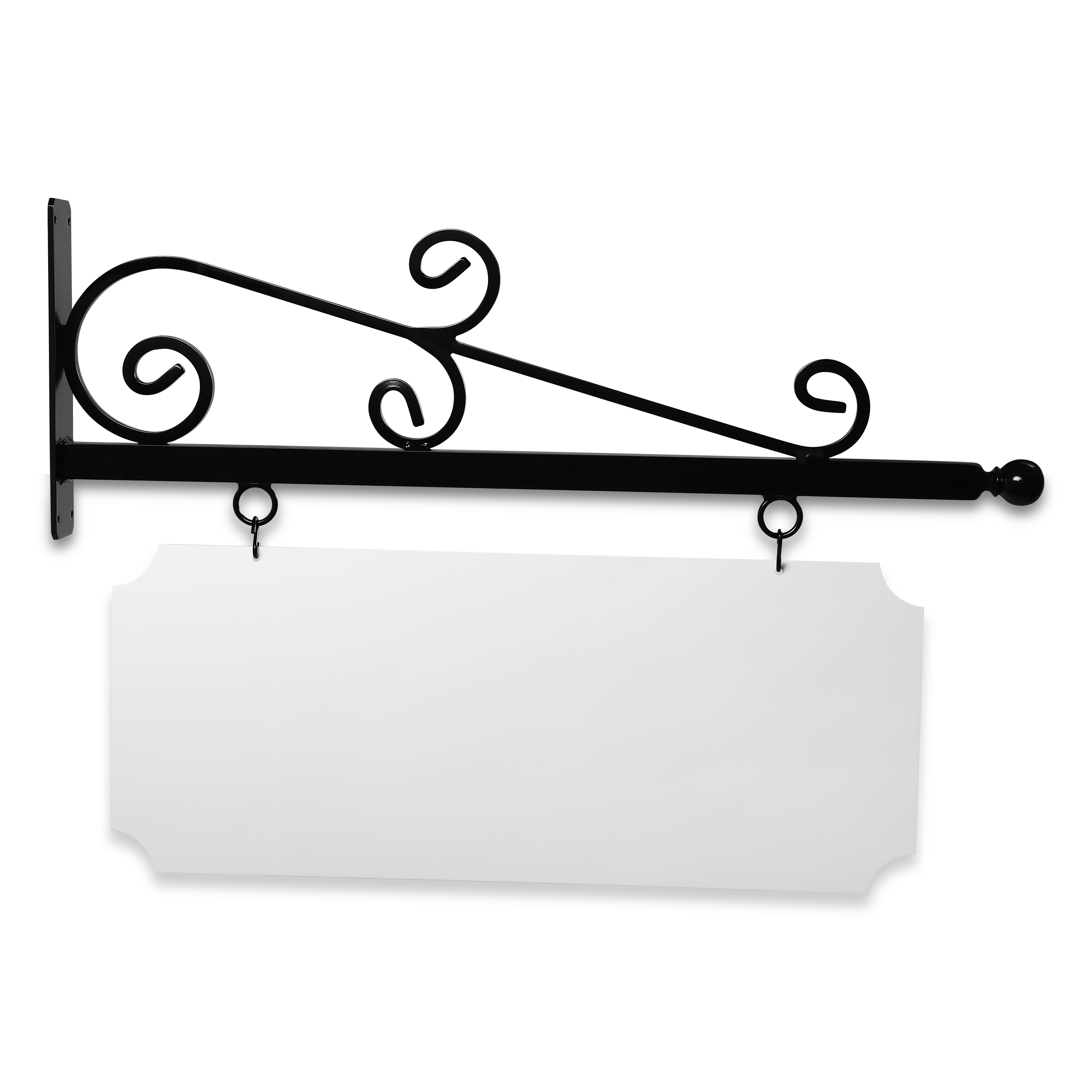 36'' Wide Wispy Style Bracket in  Black Powder Coated Aluminum with 14'' Tall X 34'' Wide X .080'' Thick White Aluminum Sign Blank and 2 Black Powder Coated S-Hooks