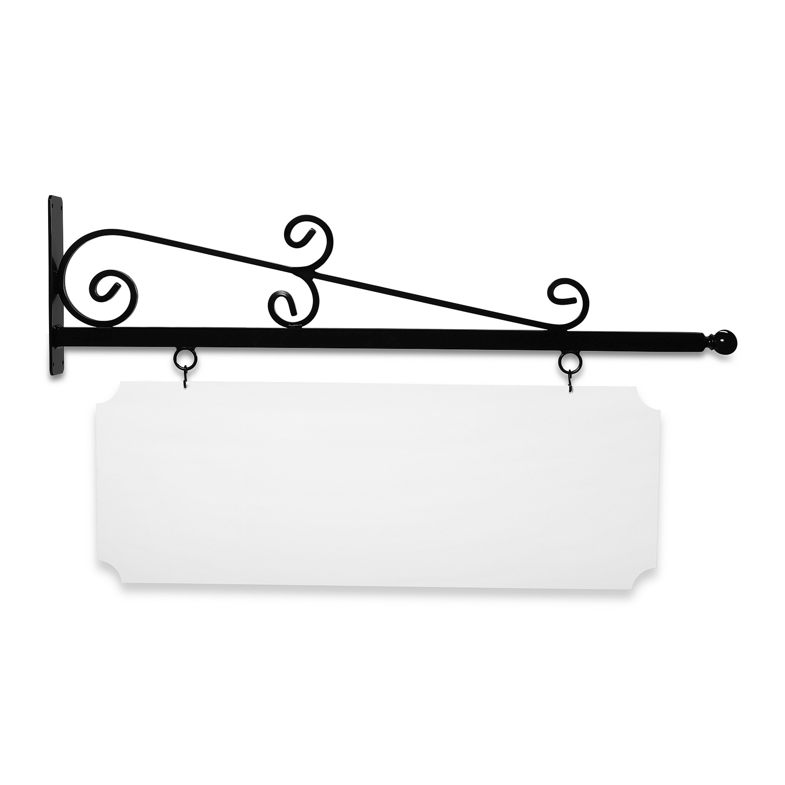 48'' Wide Wispy Style Bracket in  Black Powder Coated Aluminum with 16'' Tall X 44'' Wide X .080'' Thick White Aluminum Sign Blank and 2 Black Powder Coated S-Hooks