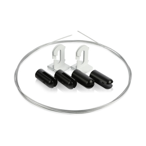 Wire Suspension Kit for Signage – Includes 10' x 1/16'' Zinc Wire Cable, Drop Ceiling Mounts, and Grippers for 1/8'' Material, Aluminum Matte Black Finish