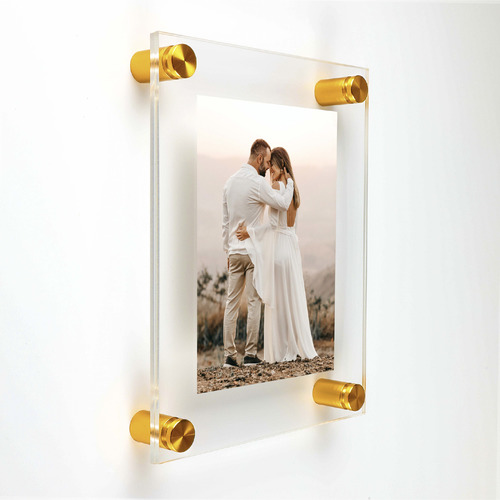 (2) 11'' x 13-1/2'' Clear Acrylics , Pre-Drilled With Polished Edges (Thick 1/8'' each), Wall Frame with (4) 3/4'' x 1/2'' Gold Anodized Aluminum Standoffs includes Screws and Anchors