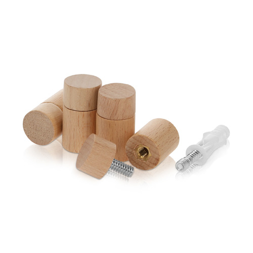 (Set of 4) 5/8'' Diameter X 3/4'' Barrel Length, Wooden Flat Head Standoffs, Matte Beech Wood Finish, Easy Fasten Standoff, Included Hardware (For Inside Use). Required Material Hole Size: 1/4'' [Required Material Hole Size: 1/4'']