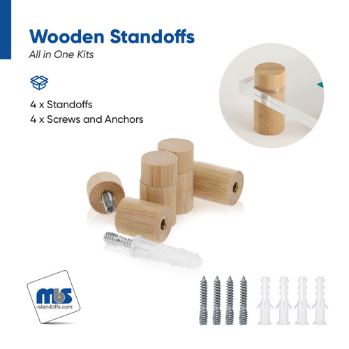 (Set of 4) 5/8'' Diameter X 3/4'' Barrel Length, Wooden Flat Head Standoffs, Matte Bamboo Wood Finish, Easy Fasten Standoff, Included Hardware (For Inside Use). Required Material Hole Size: 1/4'' [Required Material Hole Size: 1/4'']