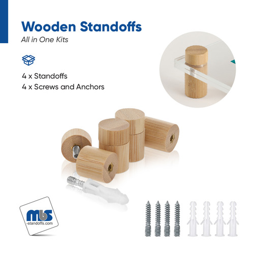 (Set of 4) 3/4'' Diameter X 3/4'' Barrel Length, Wooden Flat Head Standoffs, Matte Bamboo Wood Finish, Easy Fasten Standoff, Included Hardware (For Inside Use) [Required Material Hole Size: 5/16'']