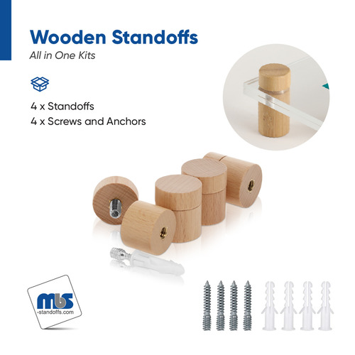 (Set of 4) 1'' Diameter X 3/4'' Barrel Length, Wooden Flat Head Standoffs, Matte Beech Wood Finish, Easy Fasten Standoff, Included Hardware (For Inside Use) [Required Material Hole Size: 5/16'']