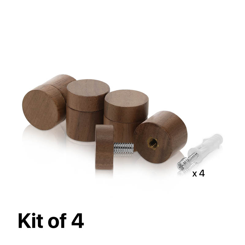 (Set of 4) 1'' Diameter X 3/4'' Barrel Length, Wooden Flat Head Standoffs, Matte Walnut Wood Finish, Easy Fasten Standoff, Included Hardware (For Inside Use) [Required Material Hole Size: 5/16'']
