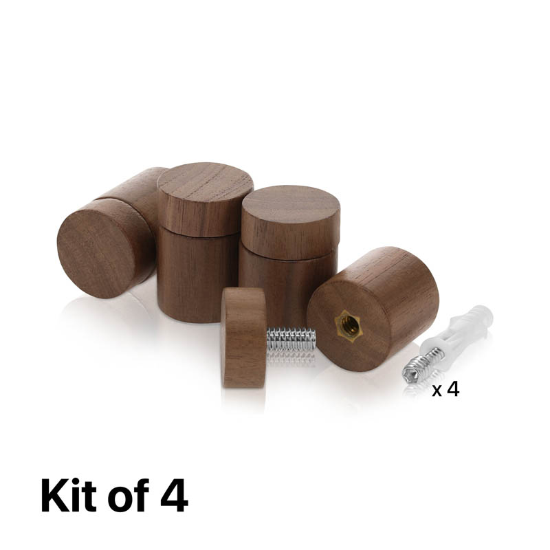 (Set of 4) 1'' Diameter X 1'' Barrel Length, Wooden Flat Head Standoffs, Matte Walnut Wood Finish, Easy Fasten Standoff, Included Hardware (For Inside Use) [Required Material Hole Size: 5/16'']
