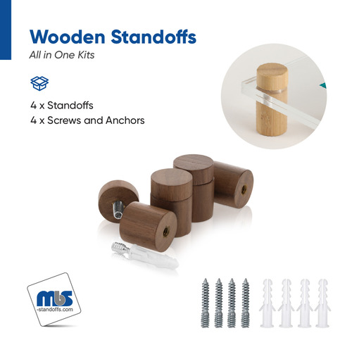(Set of 4) 1'' Diameter X 1'' Barrel Length, Wooden Flat Head Standoffs, Matte Walnut Wood Finish, Easy Fasten Standoff, Included Hardware (For Inside Use) [Required Material Hole Size: 5/16'']