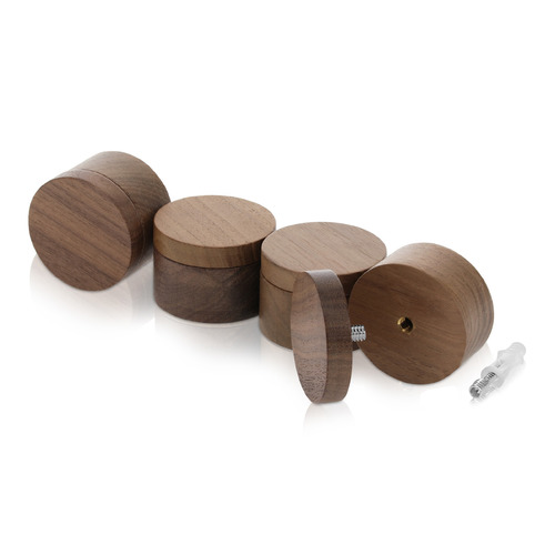 (Set of 4) 2'' Diameter X 1'' Barrel Length, Wooden Flat Head Standoffs, Matte Walnut Wood Finish, Easy Fasten Standoff, Included Hardware (For Inside Use) [Required Material Hole Size: 5/16'']