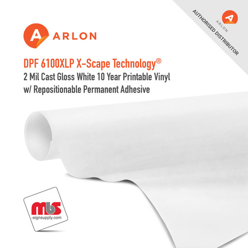 54'' x 25 Yard Roll - Arlon DPF 6100XLP X-Scape Technology® 2 Mil Cast Gloss White 10 Year Printable Vinyl w/ Repositionable Permanent Adhesive