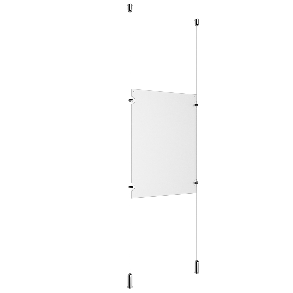 (1) 11'' Width x 17'' Height Clear Acrylic Frame & (2) Ceiling-to-Floor Aluminum Clear Anodized Cable Systems with (4) Single-Sided Panel Grippers