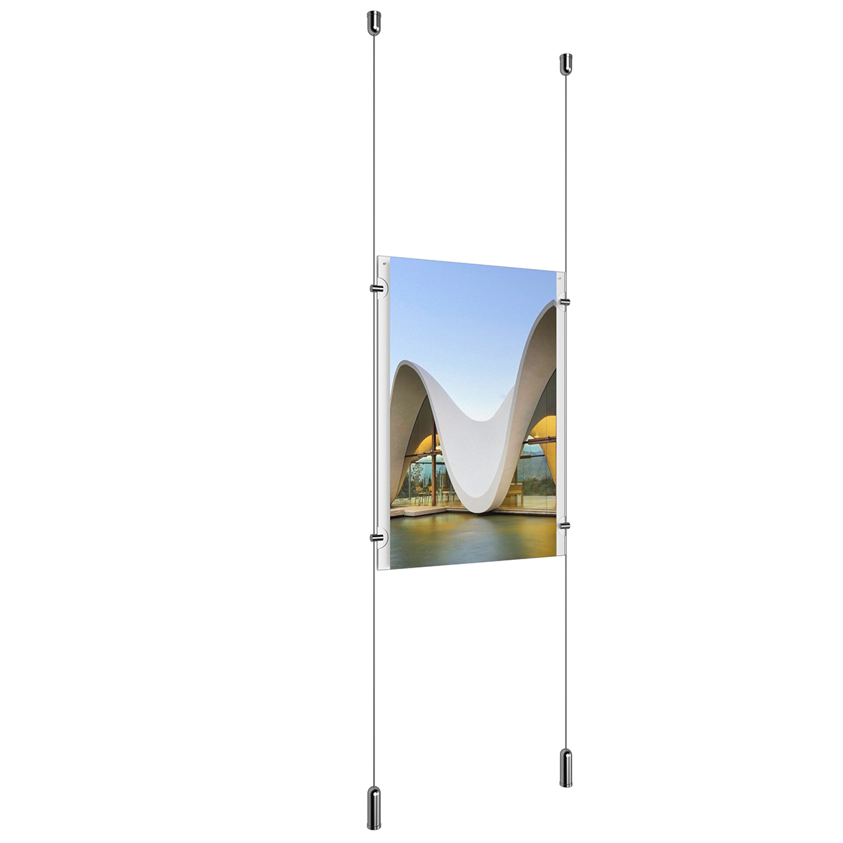 (1) 11'' Width x 17'' Height Clear Acrylic Frame & (2) Ceiling-to-Floor Aluminum Clear Anodized Cable Systems with (4) Single-Sided Panel Grippers