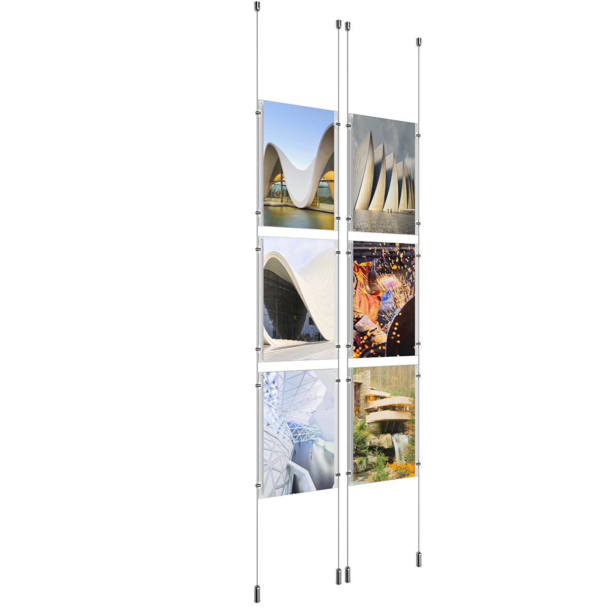 (6) 11'' Width x 17'' Height Clear Acrylic Frame & (4) Ceiling-to-Floor Aluminum Clear Anodized Cable Systems with (24) Single-Sided Panel Grippers